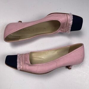 PRADA Vintage Barbie Pink Fringe Square Cap Toe Mini Heel Pump